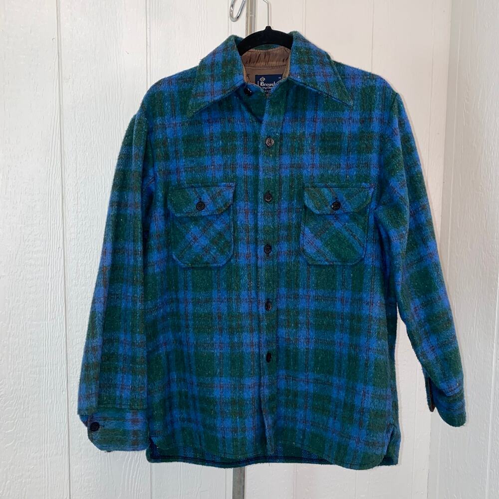 Vintage Brewster Men's M Heavyweight Blue, Green‎ & Brown Plaid L/S B/F Shirt